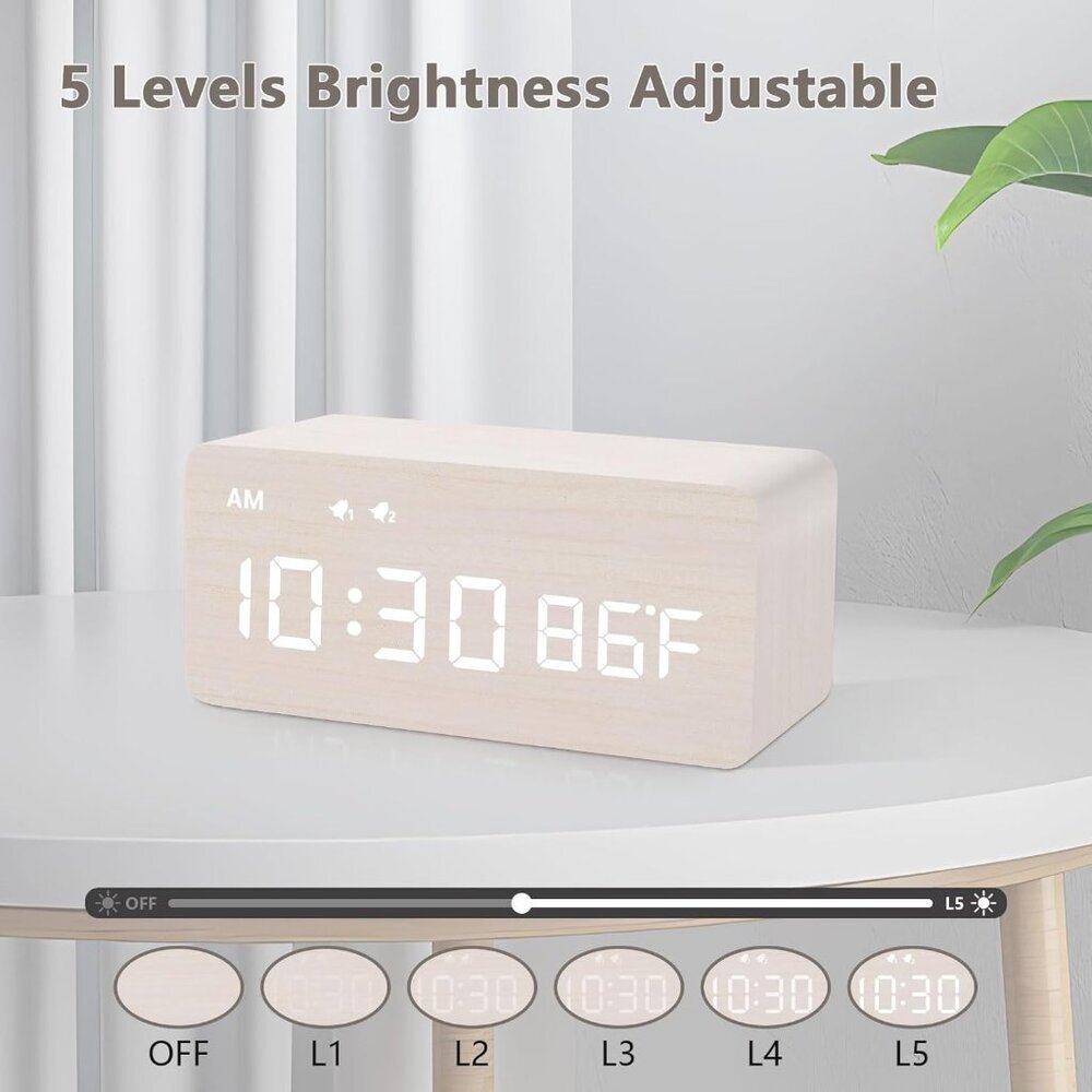 Digital Wooden Alarm Clock with Wireless Charging, 0-100% Dimmer, Dual Alarm, We - Picture 3 of 8